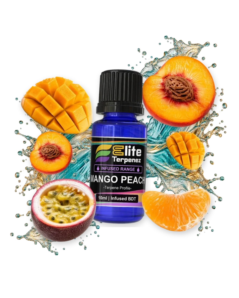 Mango Peach Infused Terpenes terpene bottle in a splash with mango, peach, passionfruit and tangerine, Elite Terpenez