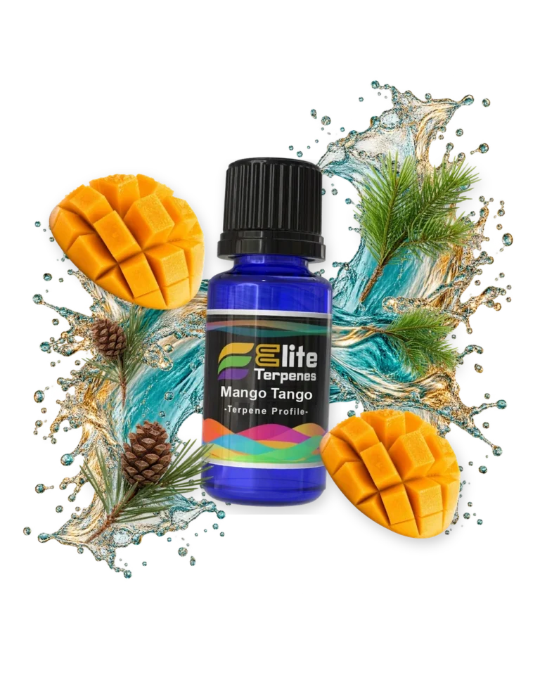 Mango Tango Premium Line (CDT) terpene bottle in a splash with mango, pine and pine cone, Elite Terpenez