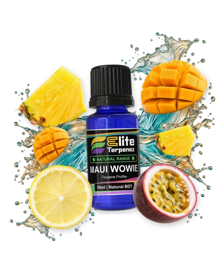 Maui Wowie Natural Terpenes terpene bottle in a splash with pineapple, mango, lemon and passion fruit, Elite Terpenez