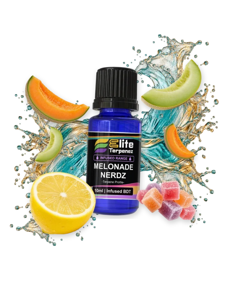 Melonade Nerdz Infused Terpenes terpene bottle in a splash with cantaloupe, honeydew, lemon and candy, Elite Terpenez