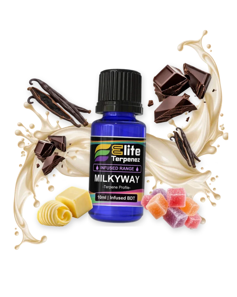 Milkyway Infused Terpenes terpene bottle in a splash with vanilla, chocolate, butter and candy, Elite Terpenez