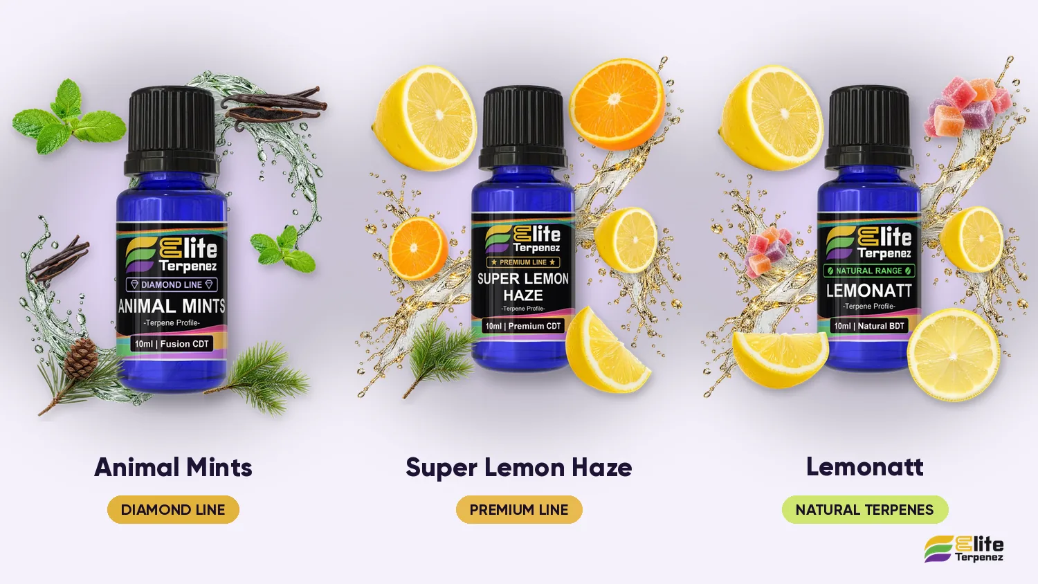 Three Elite Terpenez bottles with new labels: Animal Mints, Super Lemon Haze and Lemonatt | Elite Terpenez