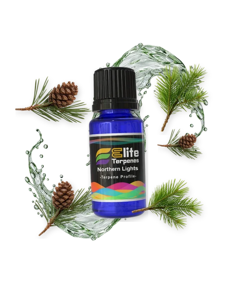 Northern Lights Premium Line (CDT) terpene bottle in a splash with pine cone and pine, Elite Terpenez