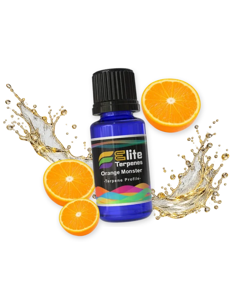 Orange Monster Natural Terpenes blue bottle with flavour artwork