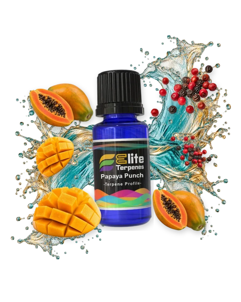 Papaya Punch Premium Line (CDT) terpene bottle in a splash with papaya, peppercorns and mango, Elite Terpenez
