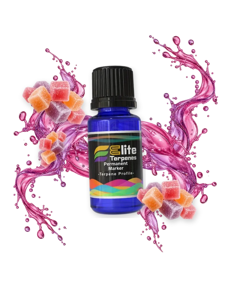 Permanent Marker Special Rosin and HTFSE terpene bottle in a splash with candy, Elite Terpenez