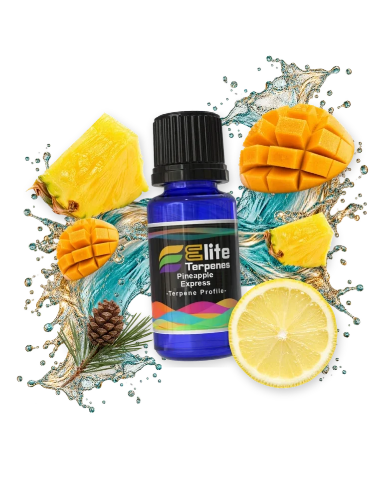 Pineapple Express Premium Line (CDT) terpene bottle in a splash with pineapple, mango, pine cone and lemon, Elite Terpenez