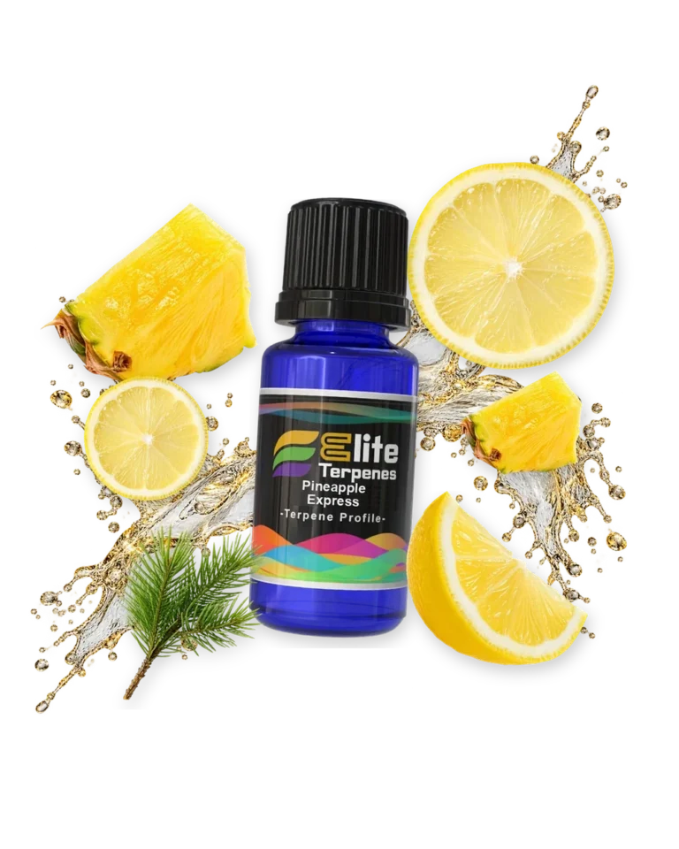 Pineapple Express Special Rosin and HTFSE terpene bottle in a splash with pineapple, lemon and pine, Elite Terpenez