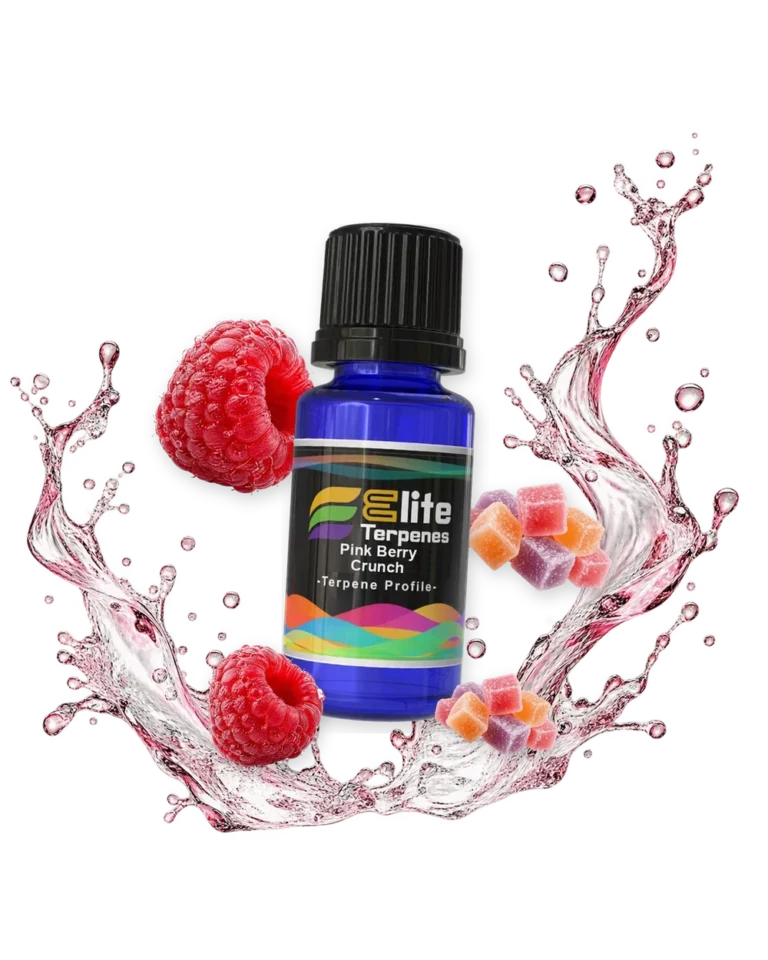 Pink Berry Crunch Natural Terpenes blue bottle with flavour artwork
