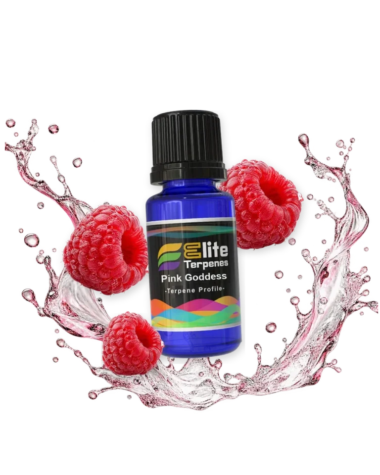 Pink Goddess Infused Terpenes blue bottle with flavour artwork