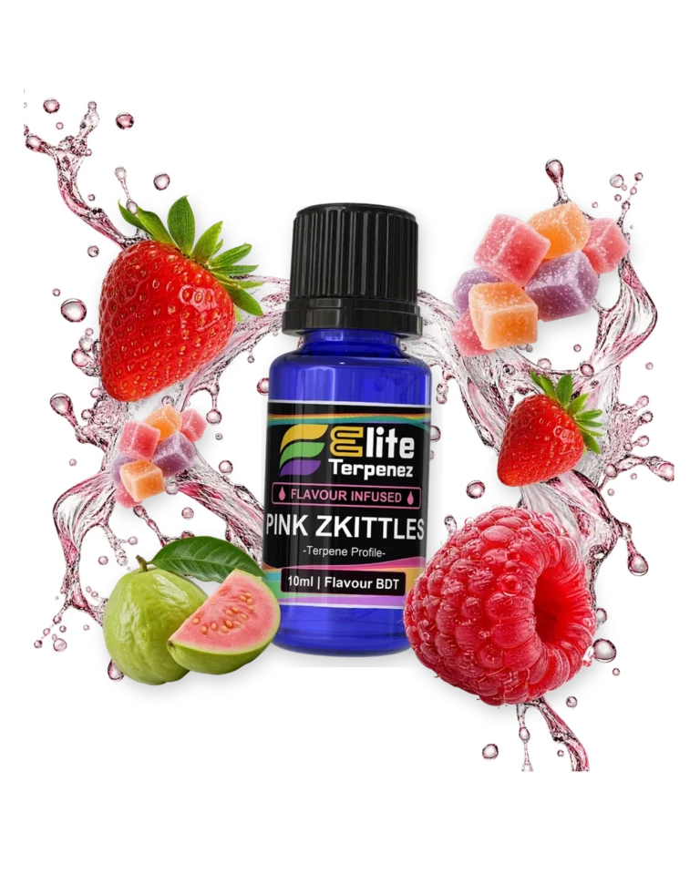 Pink Zkittles Flavour Infused terpene bottle in a splash with strawberry, candy, guava and raspberry, Elite Terpenez