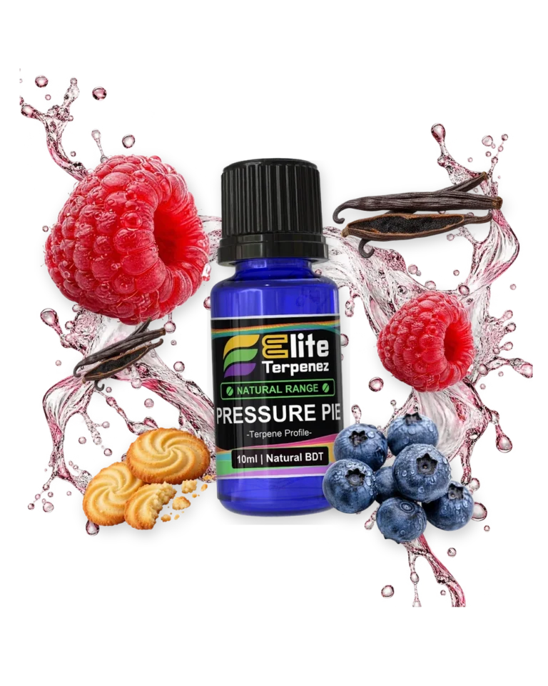 Pressure Pie Natural Terpenes terpene bottle in a splash with raspberries, vanilla, cookies and blueberries, Elite Terpenez