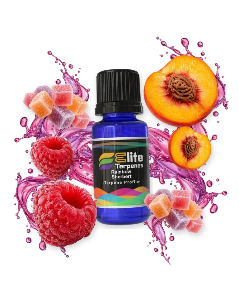 Rainbow Sherbert Special Rosin and HTFSE terpene bottle in a splash with candy, peach and raspberries, Elite Terpenez
