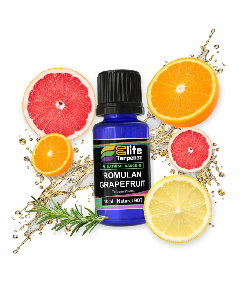 Romulan Grapefruit Natural Terpenes terpene bottle in a splash with grapefruit, orange, rosemary and lemon, Elite Terpenez