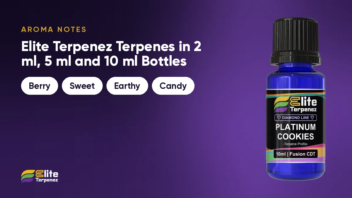 Platinum Cookies aroma notes card: lemon peel, cherry, vanilla and earthy cake | Elite Terpenez