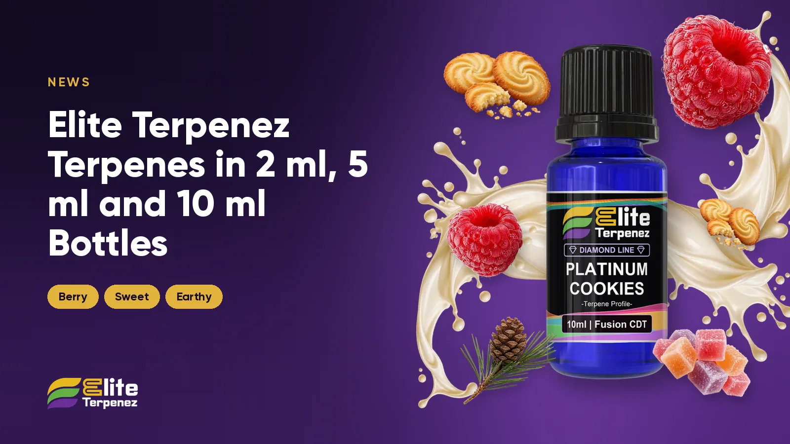 Elite Terpenez 2 ml, 5 ml and 10 ml terpene bottles lined up by size | Elite Terpenez