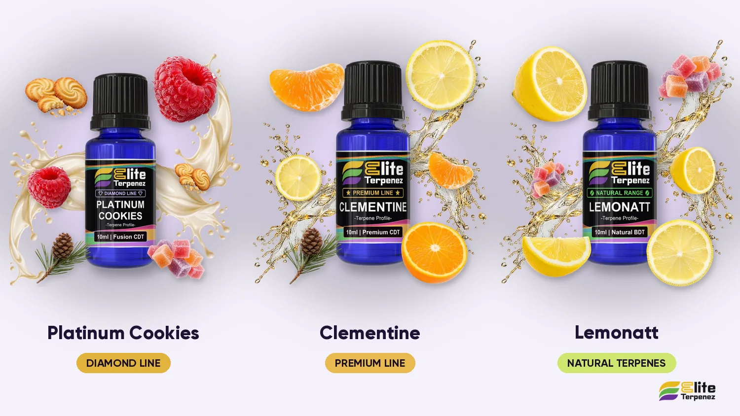Three Elite Terpenez profiles side by side: Platinum Cookies, Clementine and Lemonatt | Elite Terpenez