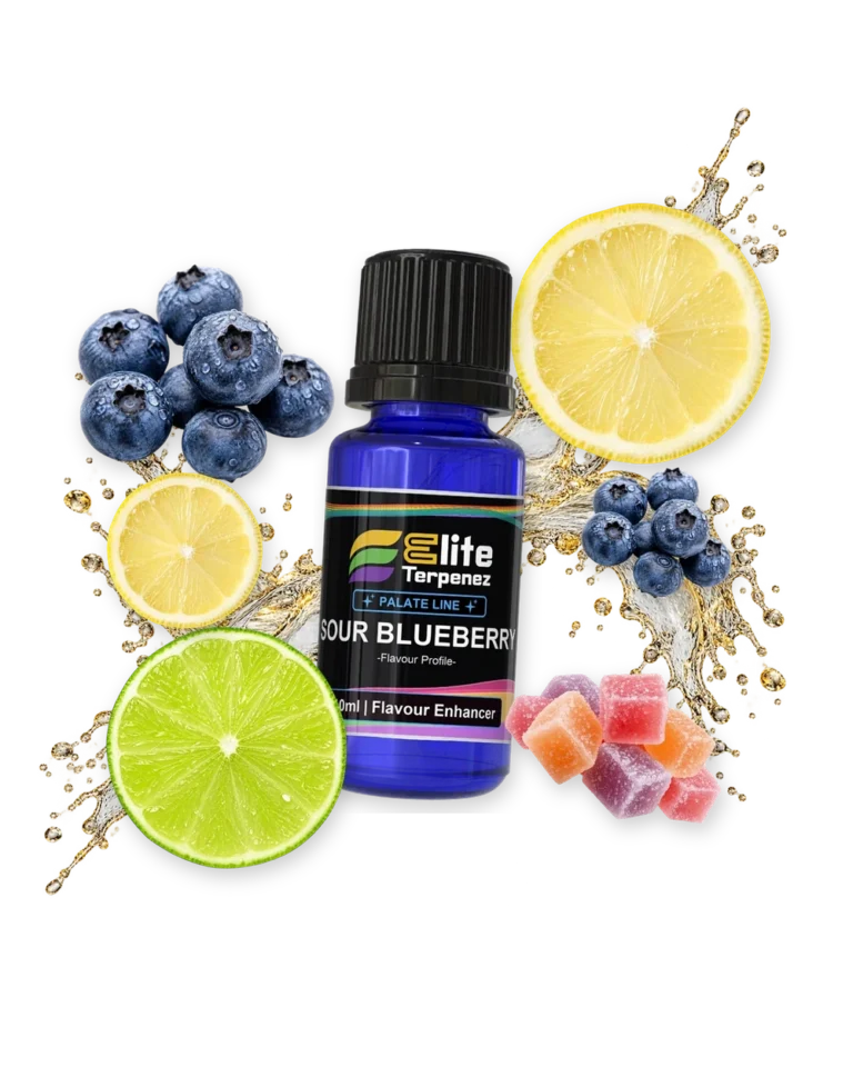 Sour Blueberry Palate Line flavour enhancer bottle in a splash with blueberries, lemon, lime and candy, Elite Terpenez
