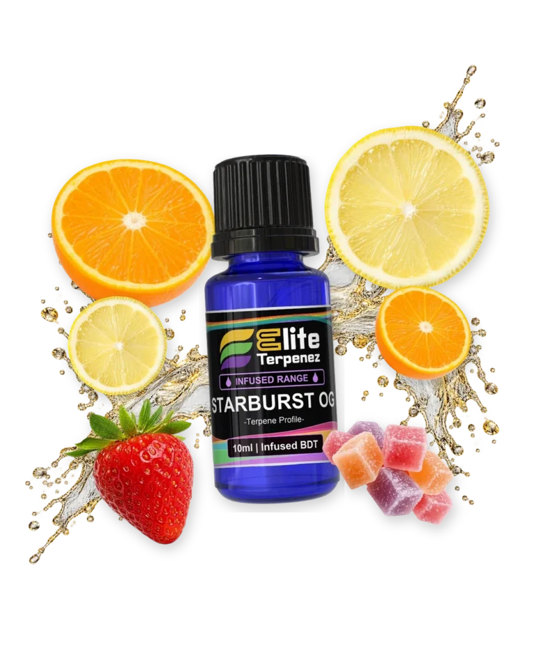 Starburst OG Infused Terpenes terpene bottle in a splash with orange, lemonslice, strawberry and candy, Elite Terpenez