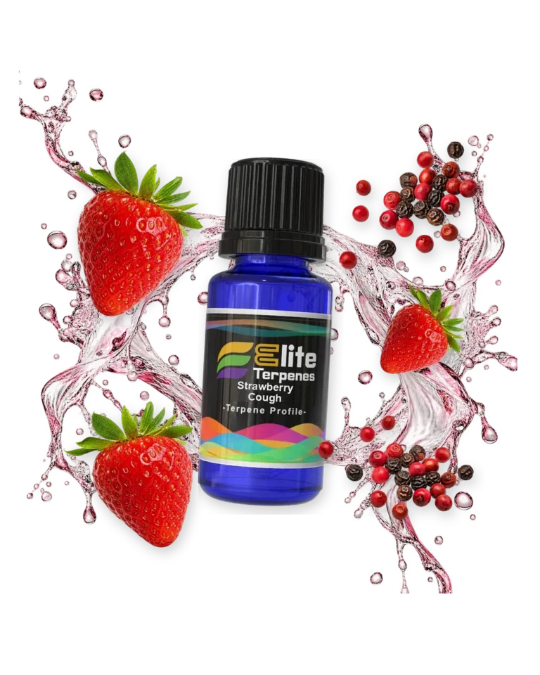 Strawberry Cough Premium Line (CDT) terpene bottle in a splash with strawberries and peppercorns, Elite Terpenez