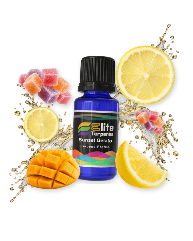 Sunset Gelato Premium Line (CDT) terpene bottle in a splash with candy, lemon and mango, Elite Terpenez