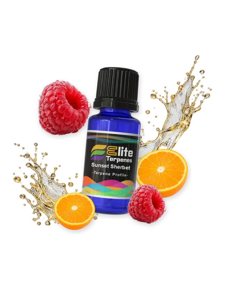 Sunset Sherbet Classic Strains blue bottle with flavour artwork