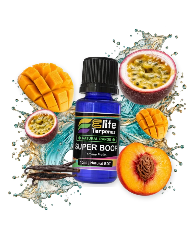 Super Boof Natural Terpenes terpene bottle in a splash with mango, passion fruit, vanilla and peach, Elite Terpenez