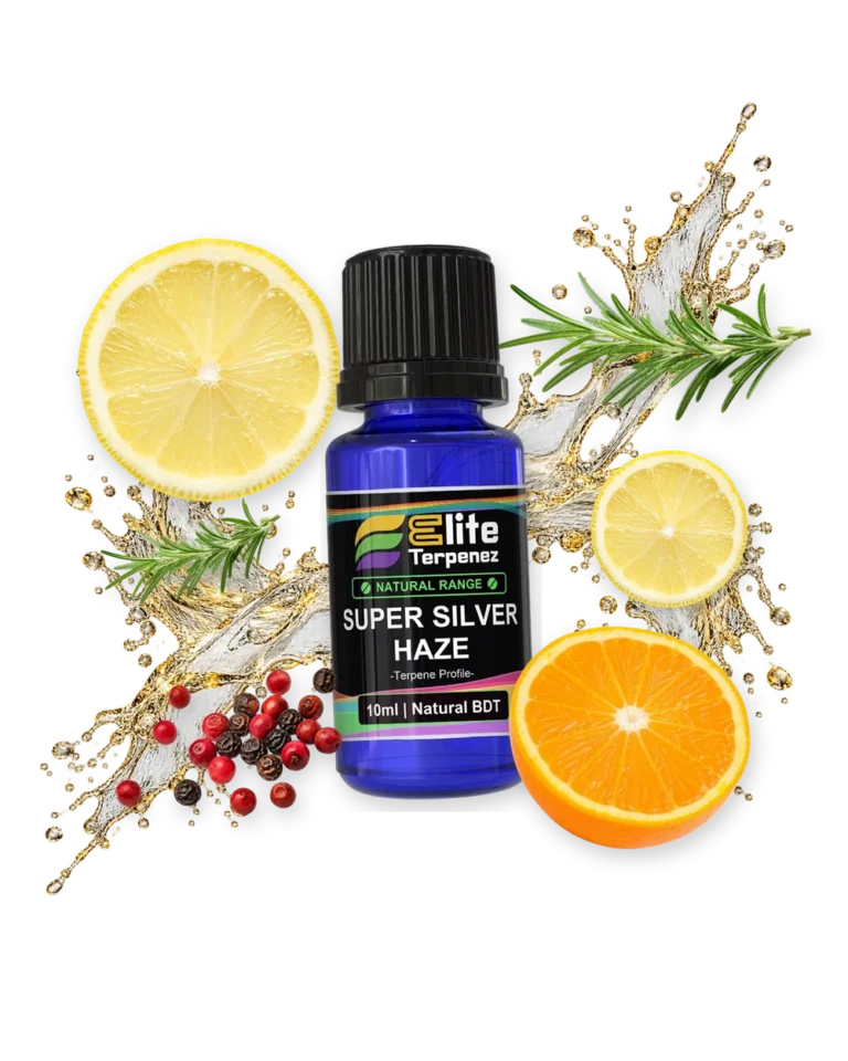 Super Silver Haze Natural Terpenes terpene bottle in a splash with lemon, rosemary, peppercorns and orange, Elite Terpenez