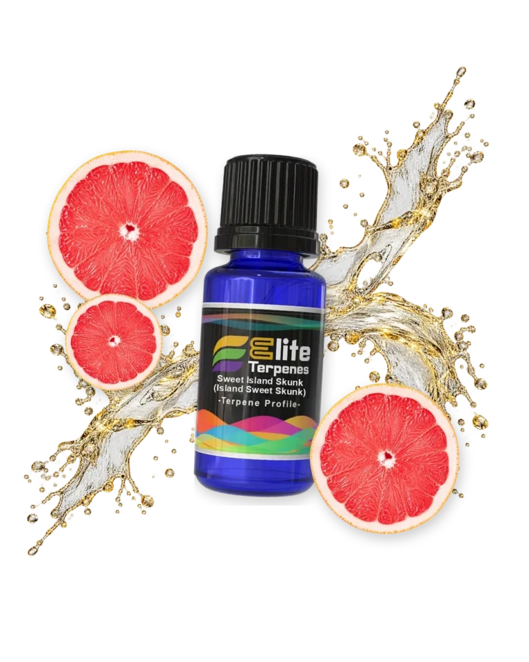 Sweet Island Skunk (Island Sweet Skunk) Special Rosin and HTFSE terpene bottle in a splash with grapefruit, Elite Terpenez