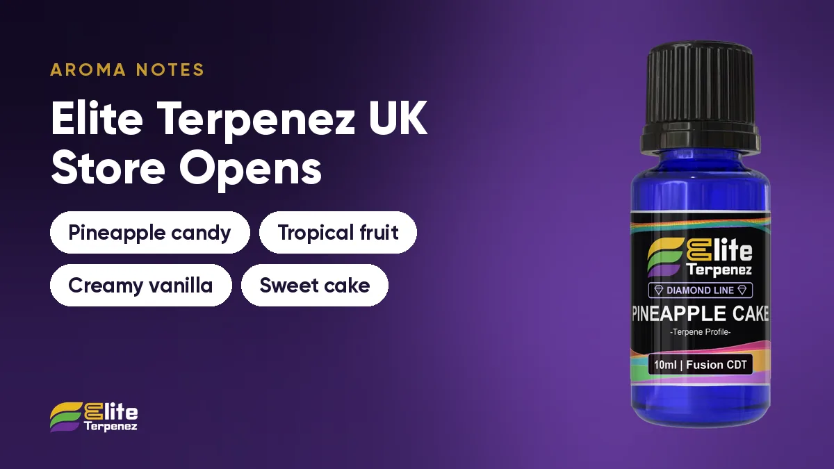 Pineapple Cake aroma notes card: blueberry candy, creamy mint, tropical and kush gas | Elite Terpenez