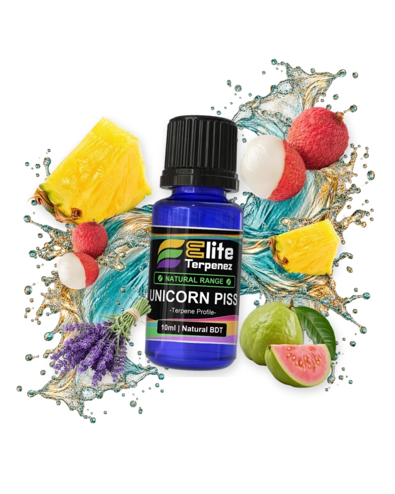 Unicorn Piss Natural Terpenes terpene bottle in a splash with pineapple, lychee, lavender and guava, Elite Terpenez