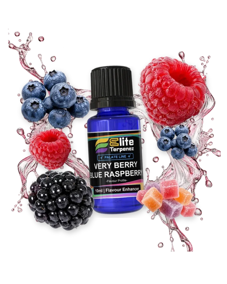 Very Berry Blue Raspberry Palate Line flavour enhancer bottle in a splash with blueberries, raspberries, blackberries and candy, Elite Terpenez