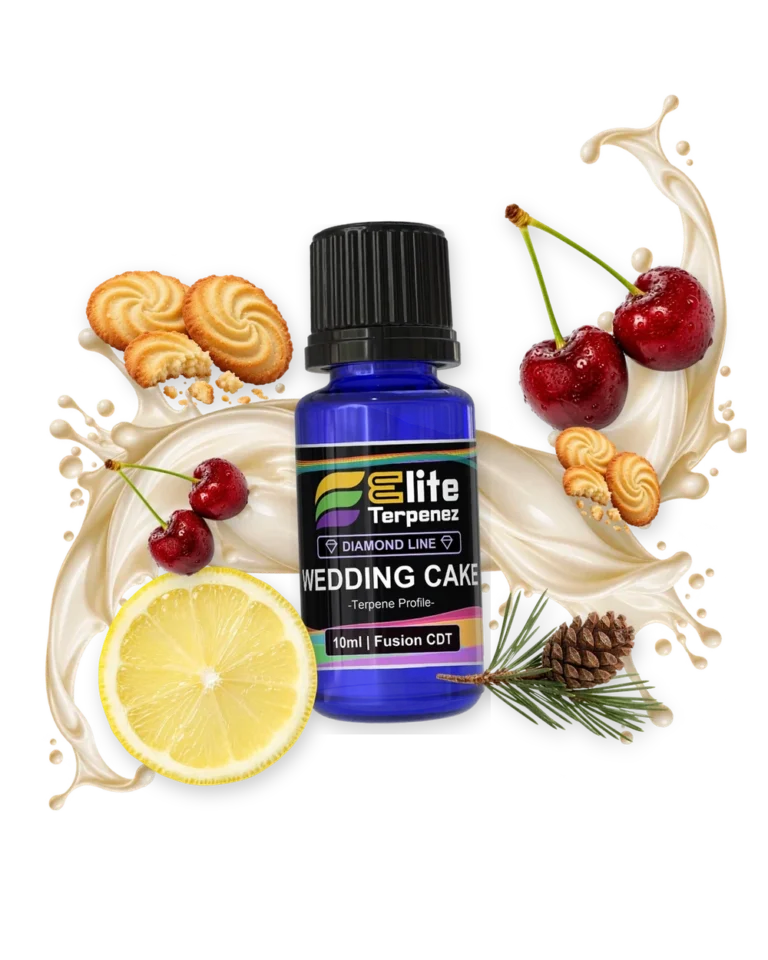 Wedding Cake Diamond Line terpene bottle in a splash with cookies, cherry, lemonslice and pinecone, Elite Terpenez