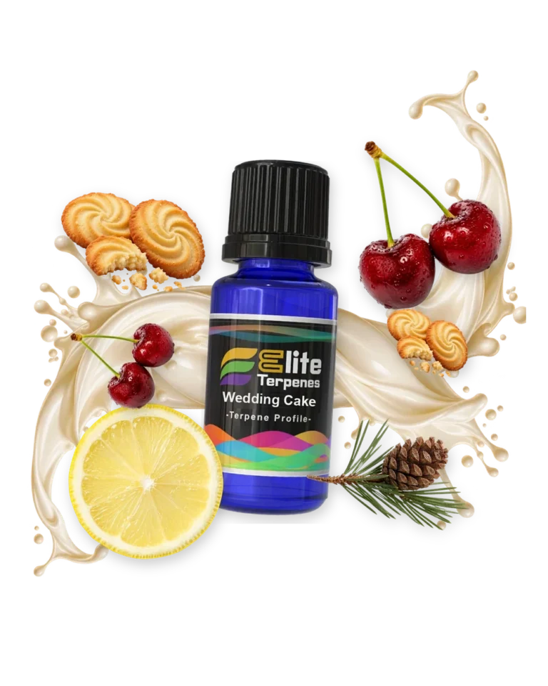 Wedding Cake Premium Line (CDT) terpene bottle in a splash with cookies, cherries, lemon and pine cone, Elite Terpenez
