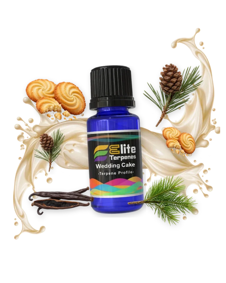 Wedding Cake Special Rosin and HTFSE terpene bottle in a splash with cookies, pine cone, vanilla and pine, Elite Terpenez