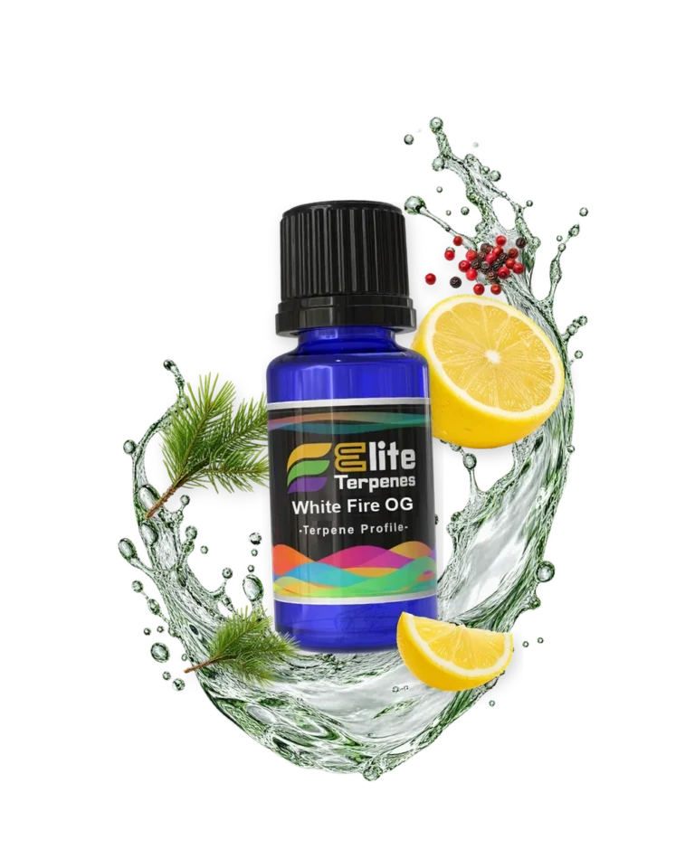 White Fire OG Natural Terpenes blue bottle with flavour artwork