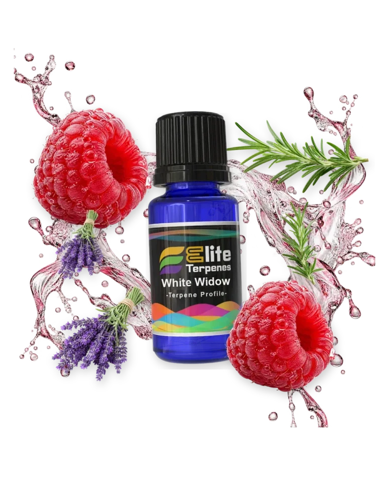White Widow Premium Line (CDT) terpene bottle in a splash with raspberries, rosemary and lavender, Elite Terpenez