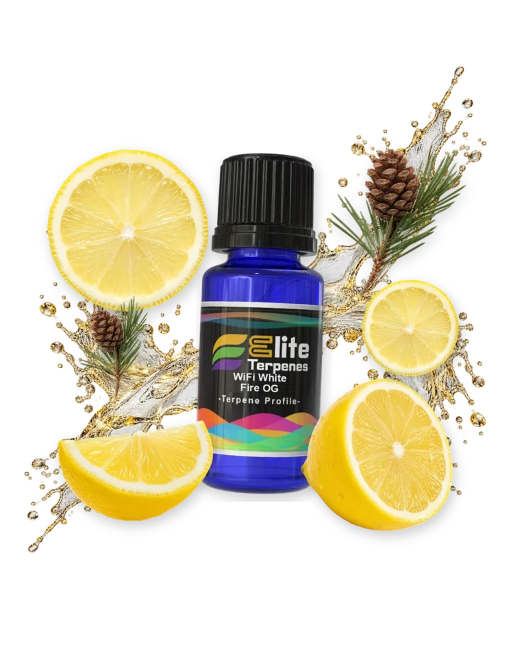 WiFi White Fire OG Premium Line (CDT) terpene bottle in a splash with lemon and pine cone, Elite Terpenez