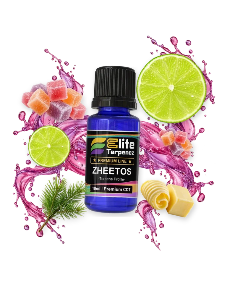Zheetos Premium Line terpene bottle in a splash with candy, lime, pine and butter, Elite Terpenez