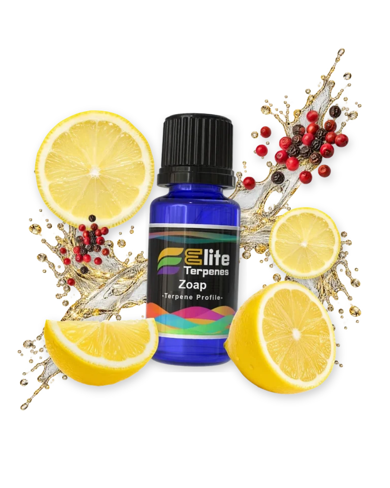 Zoap Premium Line (CDT) terpene bottle in a splash with lemon and peppercorns, Elite Terpenez