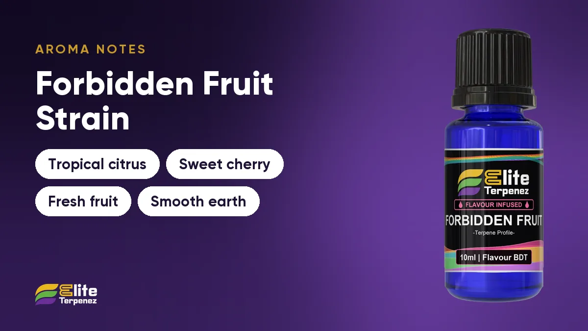 Forbidden Fruit aroma notes card: tropical citrus, sweet cherry, fresh fruit and smooth earth | Elite Terpenez