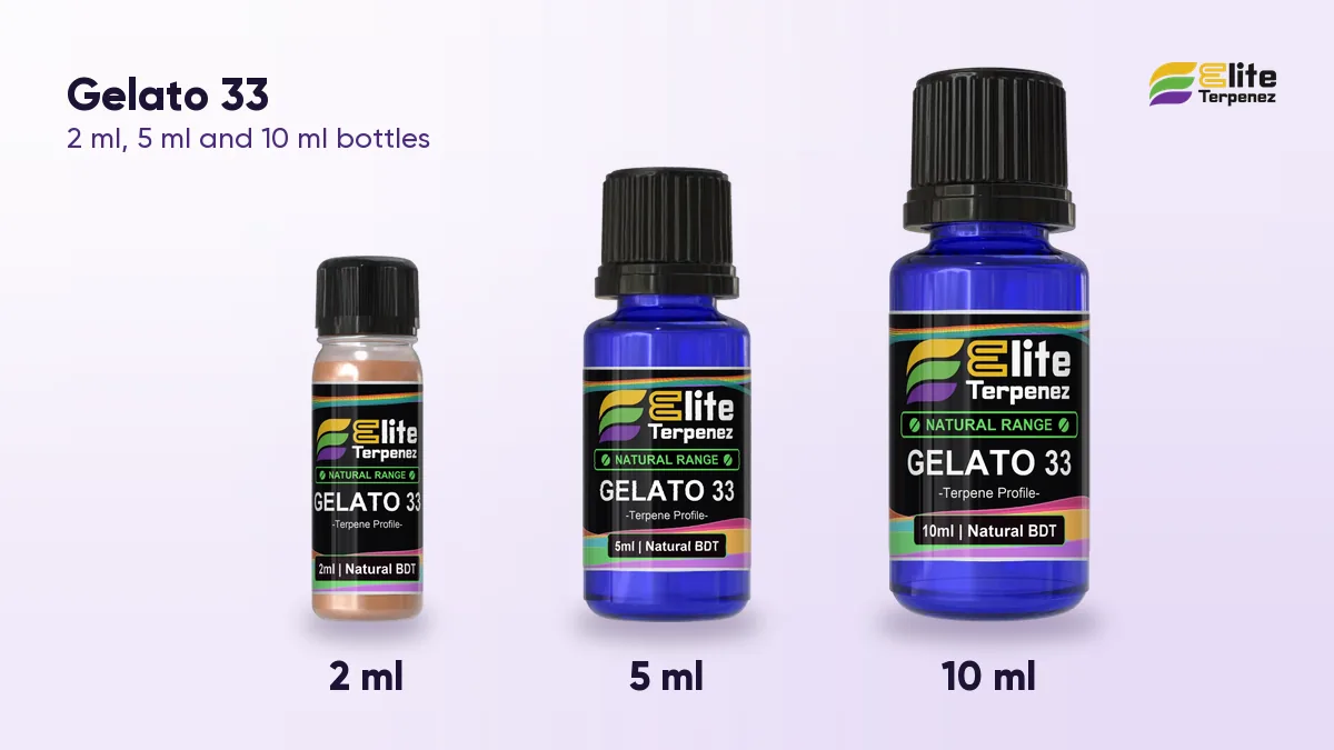 Elite Terpenez Gelato 33 terpene bottles in 2 ml, 5 ml and 10 ml sizes | Elite Terpenez