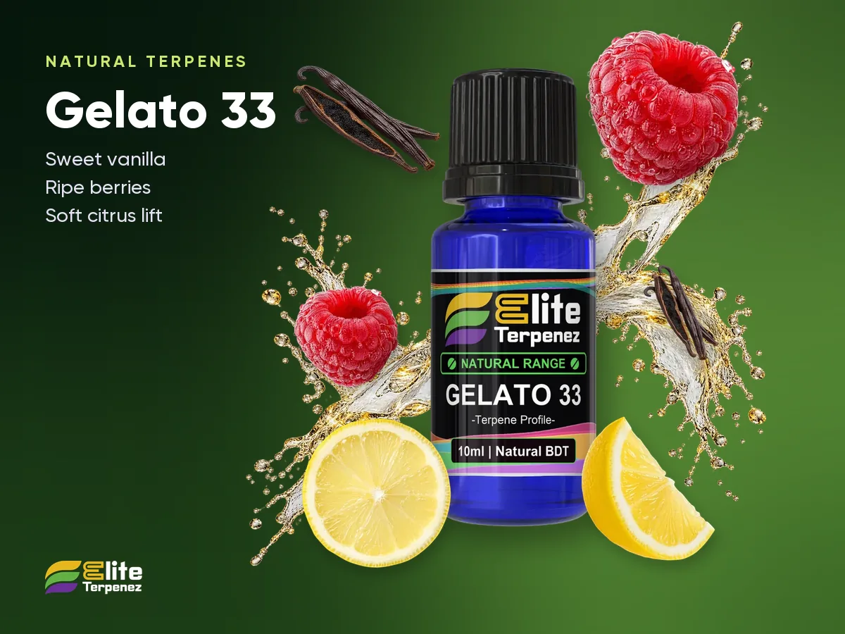 Elite Terpenez Gelato 33 Natural Terpenes bottle with vanilla and berry splash | Elite Terpenez