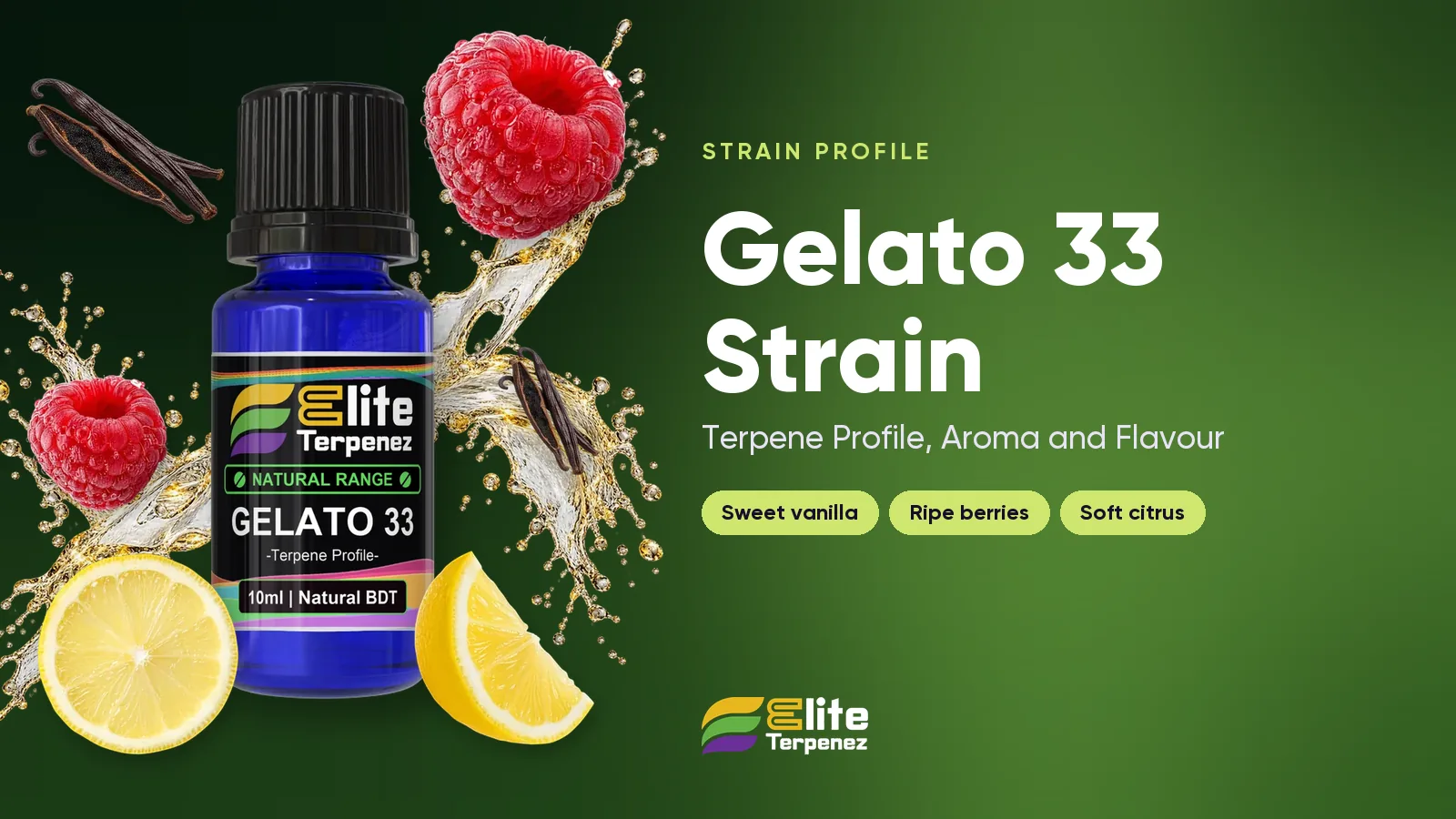 Elite Terpenez Gelato 33 terpene profile bottles with vanilla cream and berry styling | Elite Terpenez