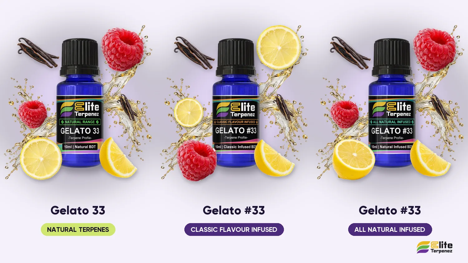 Three Elite Terpenez Gelato 33 profiles side by side: Natural Terpenes, Classic Flavour Infused and All Natural Infused | Elite Terpenez