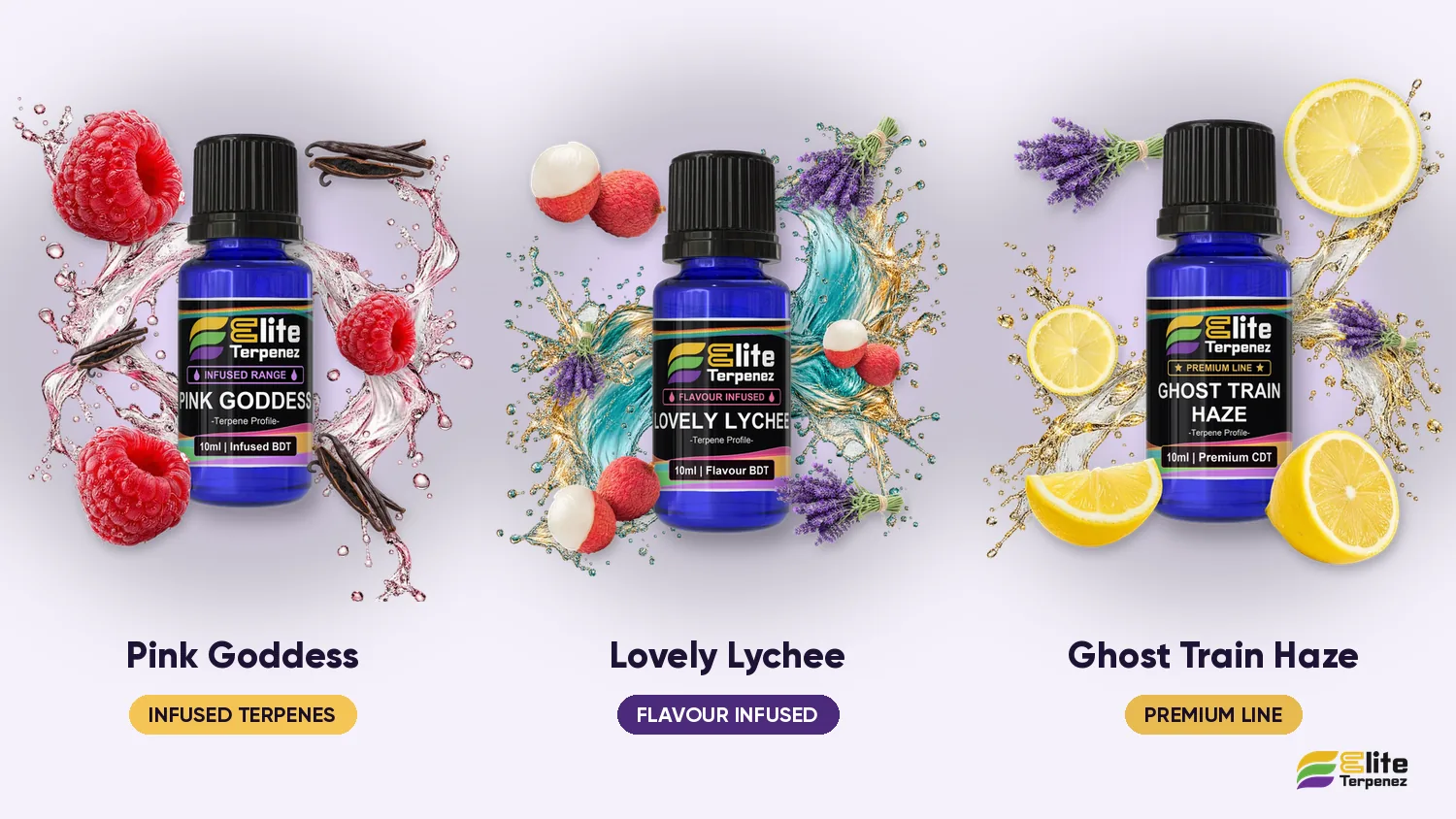 Three Elite Terpenez floral profiles side by side: Pink Goddess, Lovely Lychee and Ghost Train Haze | Elite Terpenez