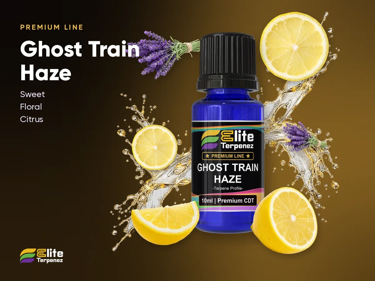 Elite Terpenez Ghost Train Haze Premium Line bottle with its flavour splash | Elite Terpenez