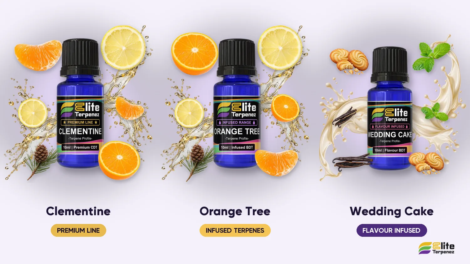 Three Elite Terpenez profiles side by side: Clementine, Orange Tree and Wedding Cake | Elite Terpenez