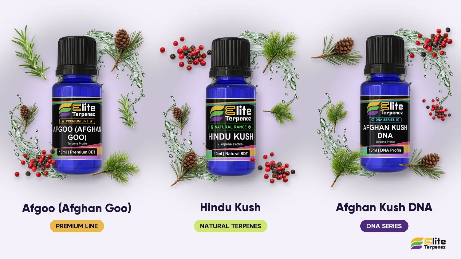 Three Elite Terpenez woody profiles side by side: Afgoo, Hindu Kush and Afghan Kush DNA | Elite Terpenez