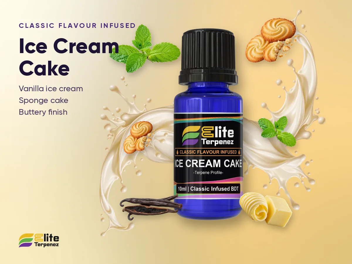 Elite Terpenez Ice Cream Cake Classic Flavour Infused 10 ml bottle with vanilla cream splash | Elite Terpenez